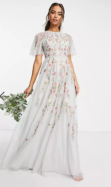 Bridesmaid floral embroidered maxi dress with embellishment in soft blue