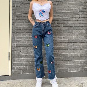 Butterfly Embroidered Straight Leg Jeans