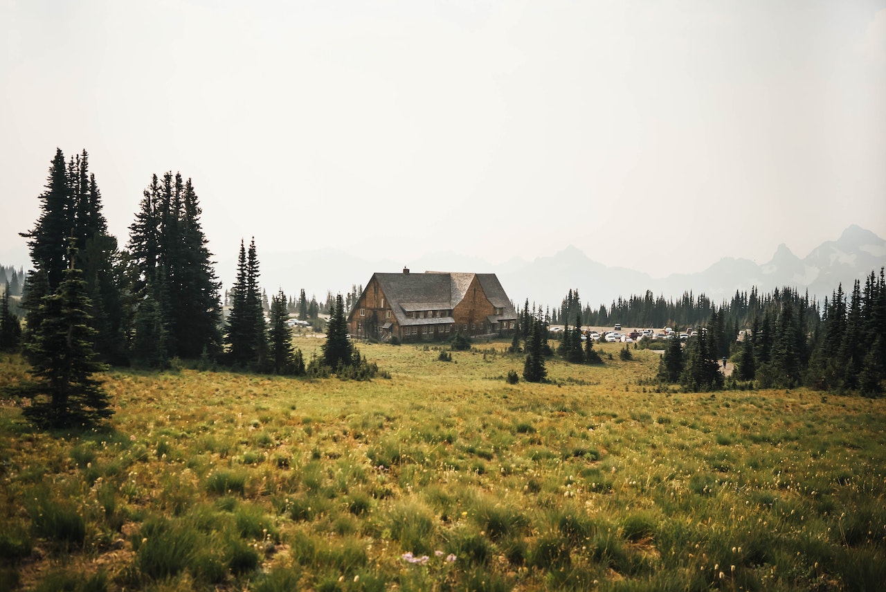 cottage in foggy meadow